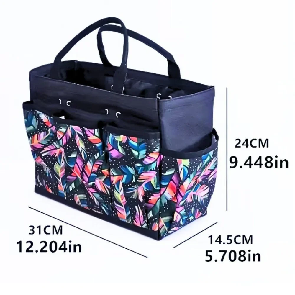 Multi-Color Feather Print Black Tote Bag Home Organizer Multiple Pockets